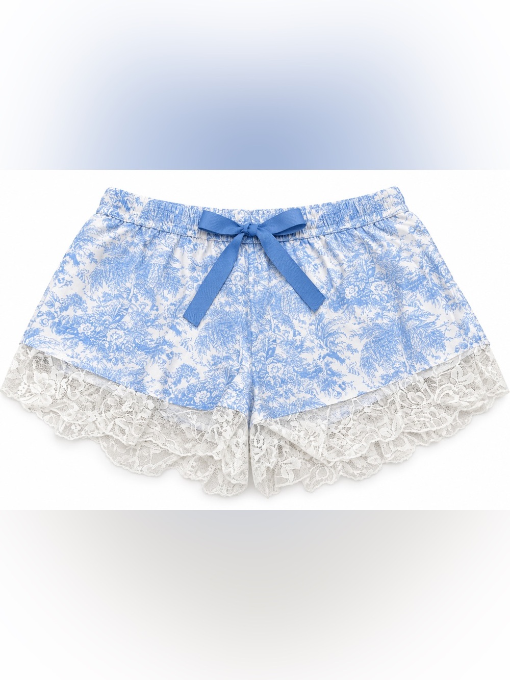 Anthropologie Blue White Toile Lace Trim Lounge Shorts Size M